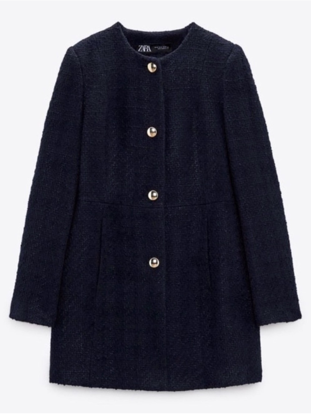 ZARA Navy Bouclé Coat with Gold Buttons